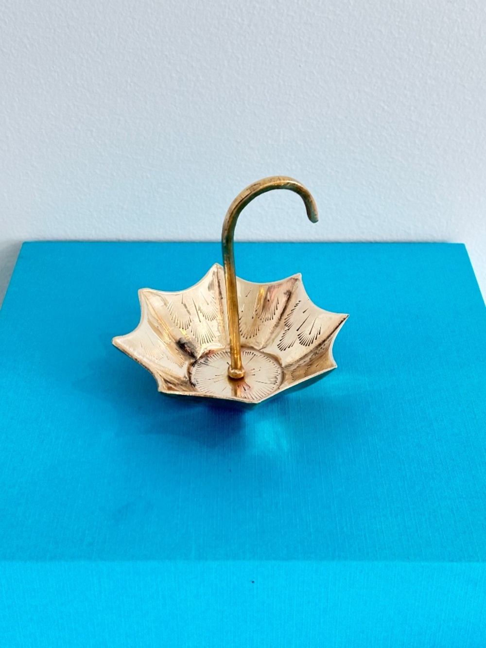 Vintage solid brass inverted umbrella trinket dish ring holder etched detail